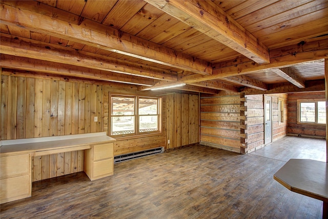 additional living space featuring beamed ceiling, wood walls, a baseboard radiator, wood ceiling, and dark wood-style flooring