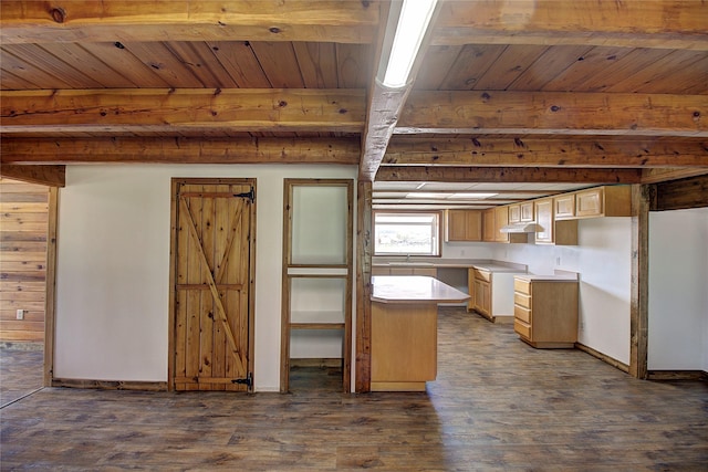 kitchen featuring beamed ceiling, dark wood-type flooring, light countertops, baseboards, and wood ceiling