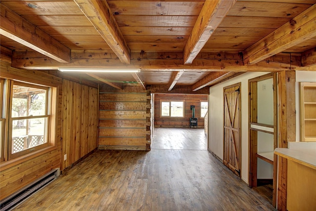 spare room with beam ceiling, a baseboard heating unit, wood finished floors, wooden ceiling, and wood walls