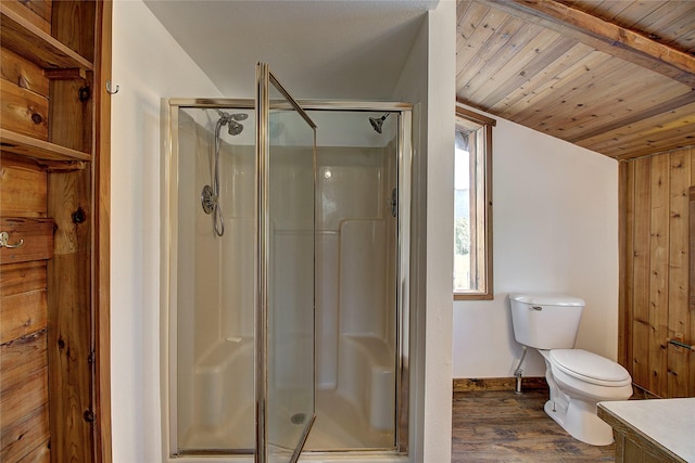 bathroom featuring a stall shower, wooden ceiling, and wood finished floors