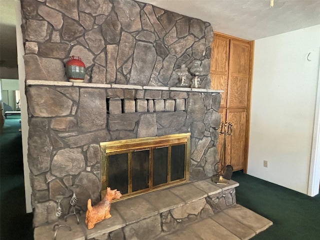 room details featuring carpet floors and a fireplace