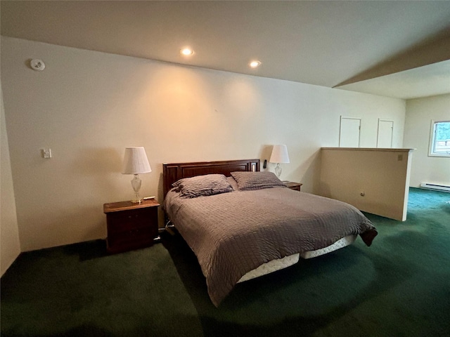 bedroom featuring recessed lighting, a baseboard heating unit, and carpet floors