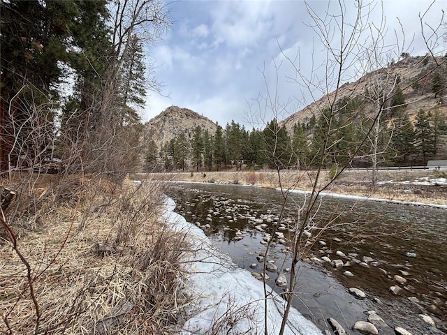 property view of water featuring a mountain view and a forest view