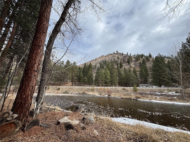 view of mountain feature with a water view and a wooded view