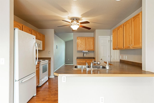 kitchen with a peninsula, light wood-style floors, white appliances, a ceiling fan, and a sink