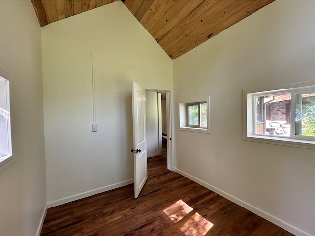 31611 Holmes Creek Ln, Polson, MT 59860 - empty room with wooden ceiling, high vaulted ceiling, and dark wood-type flooring
