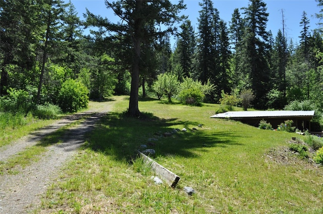 exterior space with a wooded view, driveway, and a yard