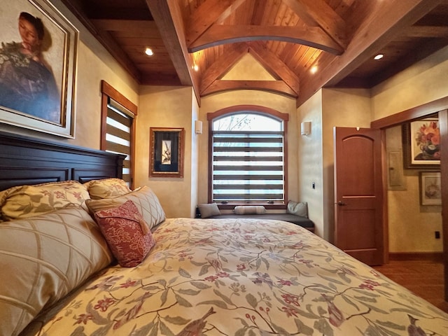 bedroom with vaulted ceiling with beams, wood ceiling, baseboards, and wood finished floors