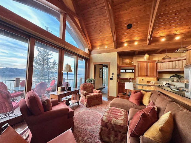 living room featuring wood ceiling, a healthy amount of sunlight, beamed ceiling, and high vaulted ceiling