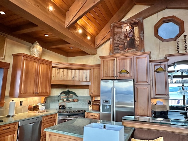 kitchen featuring wooden ceiling, lofted ceiling with beams, backsplash, and appliances with stainless steel finishes