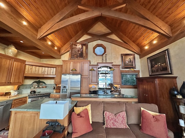 kitchen featuring beamed ceiling, backsplash, a center island, appliances with stainless steel finishes, and wooden ceiling