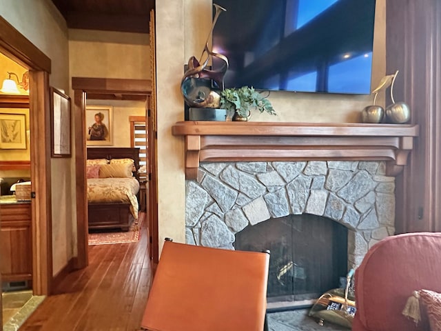 details featuring wood finished floors and a fireplace