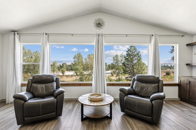 sitting room with lofted ceiling, wood finished floors, and a healthy amount of sunlight