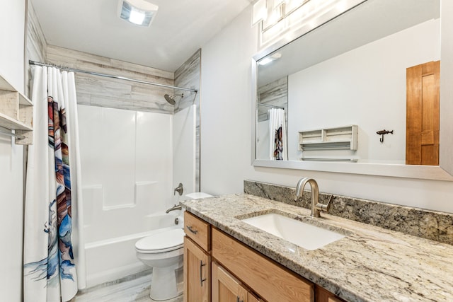 bathroom with vanity, shower / bath combination with curtain, and toilet