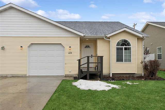 single story home featuring a front yard, an attached garage, a shingled roof, and driveway