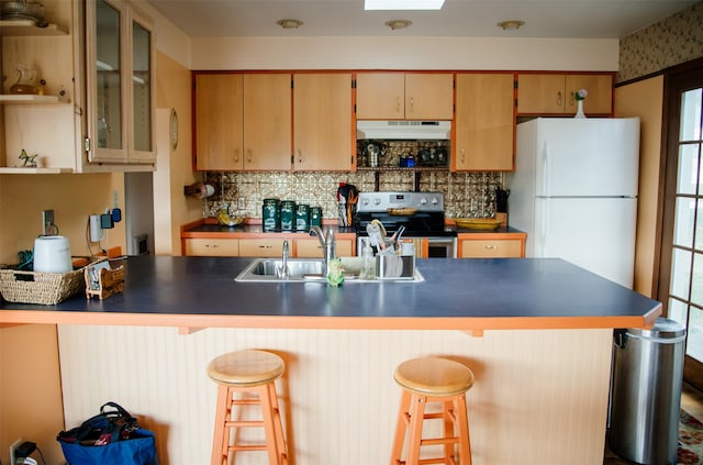 3676 Silverthorn Dr, Stevensville, MT 59870 - kitchen with stainless steel range with electric cooktop, under cabinet range hood, freestanding refrigerator, and dark countertops