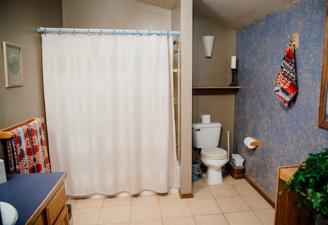 3676 Silverthorn Dr, Stevensville, MT 59870 - full bathroom featuring vanity, tile patterned floors, a shower with shower curtain, and wallpapered walls
