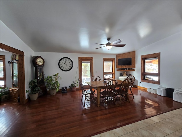 611 S Canyon Dr, Seeley Lake, MT 59868 - dining room with plenty of natural light, a ceiling fan, wood finished floors, and vaulted ceiling