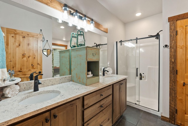 378 Skookum Rd, Lakeside, MT 59922 - bathroom with a shower stall, tile patterned floors, and double vanity