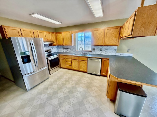 54650 Herak Rd, Charlo, MT 59824 - kitchen featuring under cabinet range hood, a sink, decorative backsplash, dark countertops, and stainless steel appliances