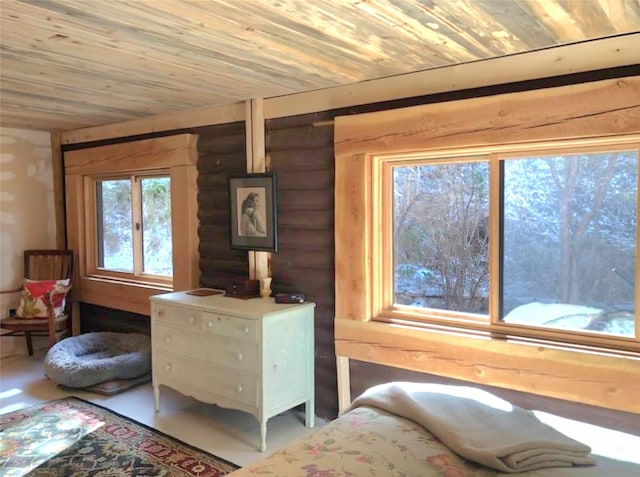 interior space featuring log walls and wood ceiling