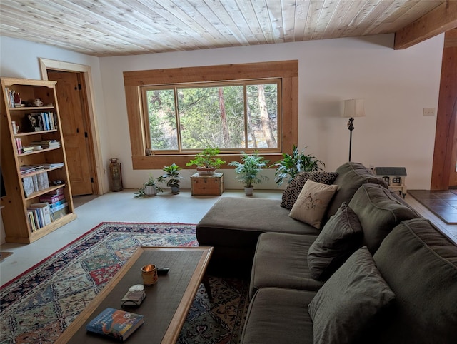 living area with wood ceiling