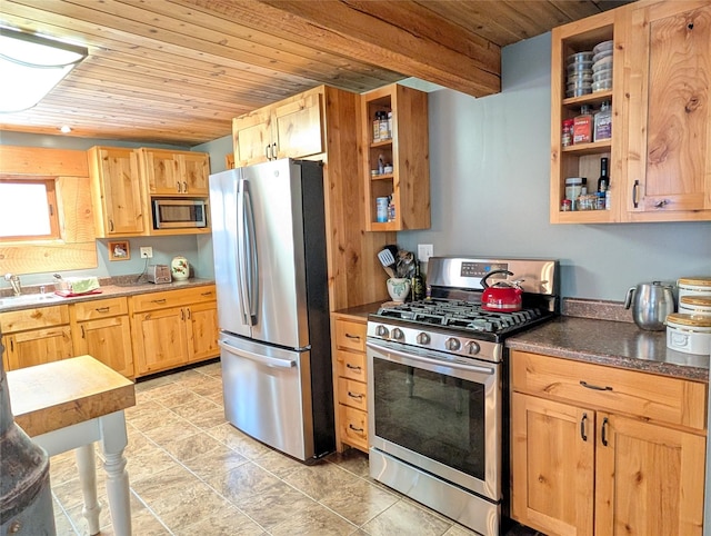 kitchen with wood ceiling, a sink, appliances with stainless steel finishes, and open shelves