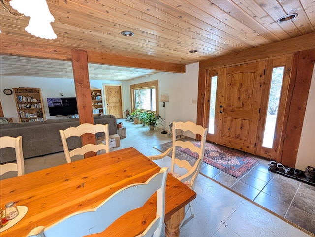 dining area with wooden ceiling