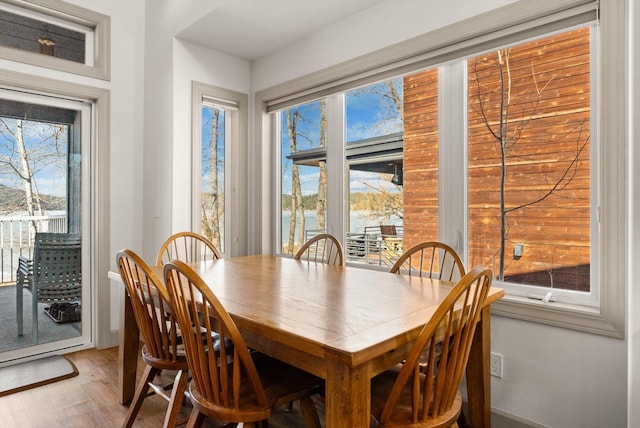 dining space featuring light wood-style flooring and a water view