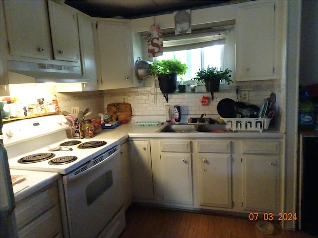 6445 Mullan Rd, Missoula, MT 59808 - kitchen featuring electric range, under cabinet range hood, light countertops, tasteful backsplash, and white cabinetry