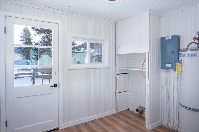 1613 Main Ave, Libby, MT 59923 - entryway featuring secured water heater, electric panel, wood walls, and light wood finished floors