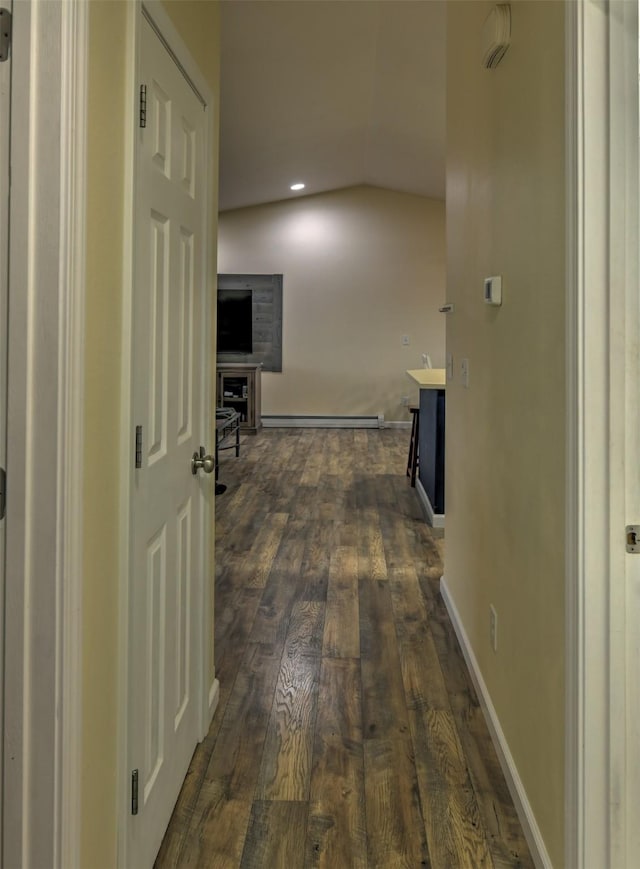 873 Guthrie Rd, Helena, MT 59602 - hall with a baseboard radiator, recessed lighting, lofted ceiling, and dark wood finished floors