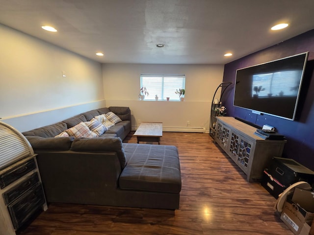 873 Guthrie Rd, Helena, MT 59602 - living room featuring baseboards, recessed lighting, a baseboard heating unit, and wood finished floors