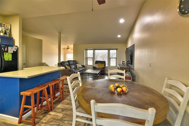 873 Guthrie Rd, Helena, MT 59602 - dining area with dark wood-type flooring, recessed lighting, lofted ceiling, and ceiling fan