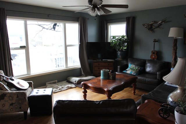 1626 W Central Ave, Missoula, MT 59801 - living area with plenty of natural light, wood finished floors, and a ceiling fan