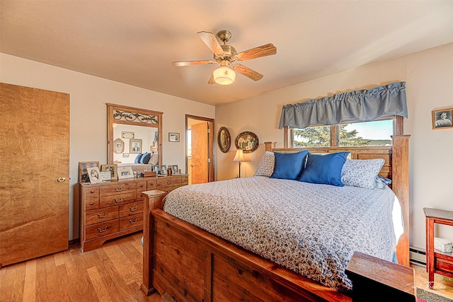 bedroom with light wood finished floors and ceiling fan