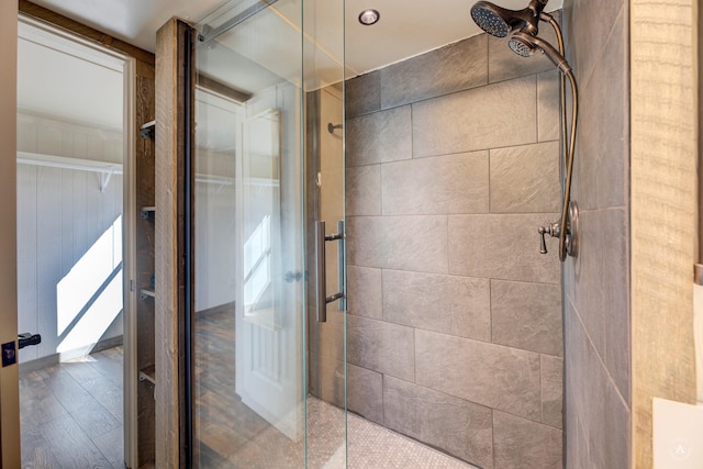2931 Melrose Rd, Helena, MT 59602 - bathroom with a stall shower and wood finished floors