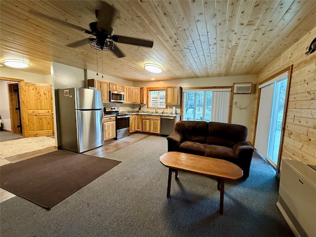 421 Cherry Creek Rd, Thompson Falls, MT 59873 - carpeted living room with a sink, wooden ceiling, ceiling fan, and an AC wall unit