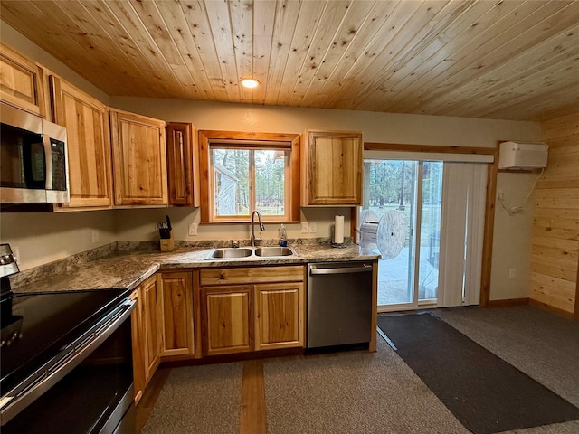 421 Cherry Creek Rd, Thompson Falls, MT 59873 - kitchen featuring appliances with stainless steel finishes, a sink, a wall mounted air conditioner, dark colored carpet, and wooden ceiling