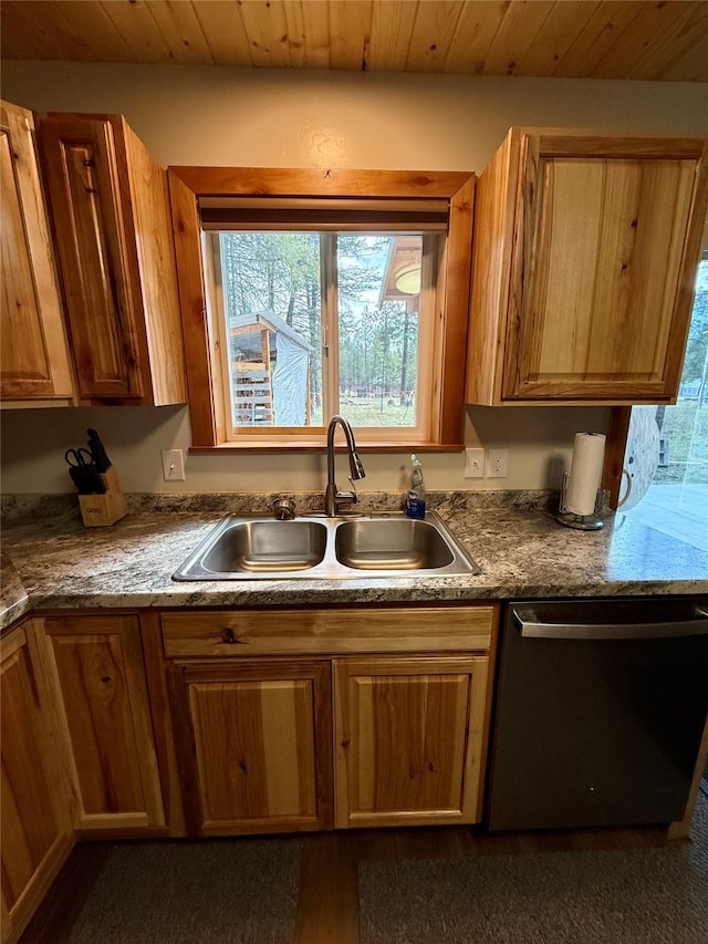421 Cherry Creek Rd, Thompson Falls, MT 59873 - kitchen featuring dishwasher, wooden ceiling, brown cabinetry, and a sink