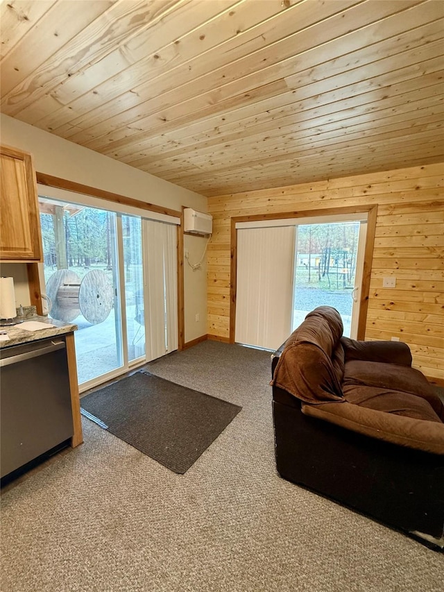 421 Cherry Creek Rd, Thompson Falls, MT 59873 - living area featuring plenty of natural light, wooden walls, carpet, and a wall unit AC