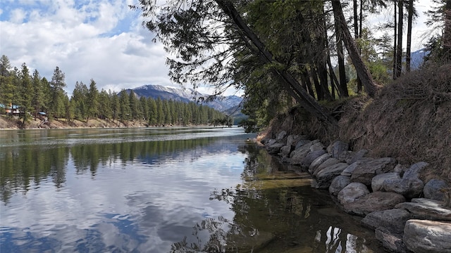 421 Cherry Creek Rd, Thompson Falls, MT 59873 - water view with a mountain backdrop and a heavily wooded area