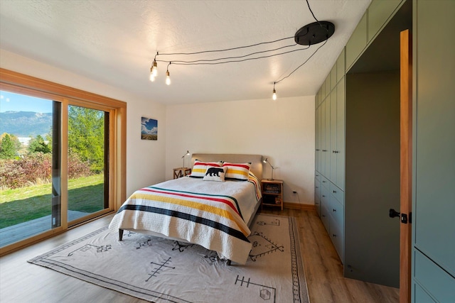140 Swan River Rd, Bigfork, MT 59911 - bedroom featuring wood finished floors, access to outside, track lighting, and a mountain view