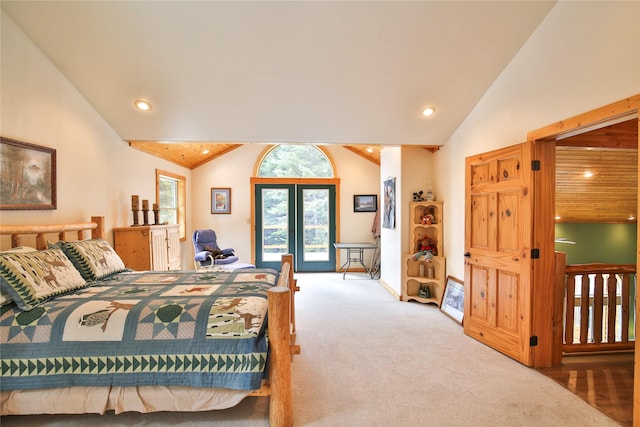 133 Klakken Rd, Noxon, MT 59853 - carpeted bedroom with high vaulted ceiling, baseboards, access to exterior, and recessed lighting