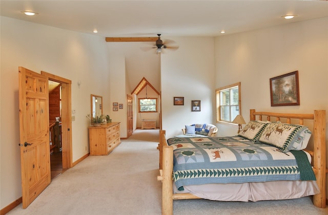133 Klakken Rd, Noxon, MT 59853 - bedroom featuring high vaulted ceiling, a ceiling fan, light carpet, baseboards, and recessed lighting