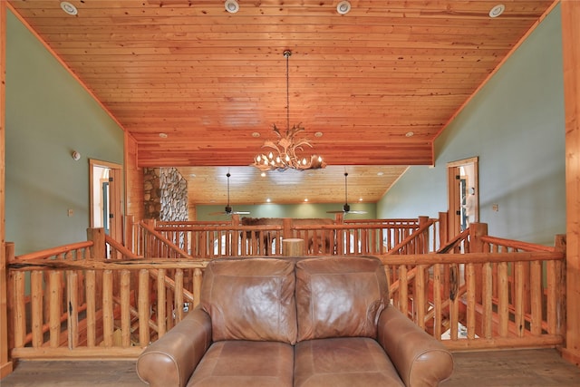133 Klakken Rd, Noxon, MT 59853 - living area featuring wood finished floors, wood ceiling, and ceiling fan with notable chandelier