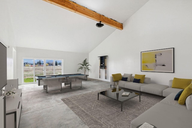 5052 Hoblitt Ln N, Florence, MT 59833 - living room with pool table, high vaulted ceiling, beam ceiling, and carpet flooring