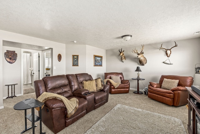 carpeted living area featuring visible vents, baseboards, and a textured ceiling
