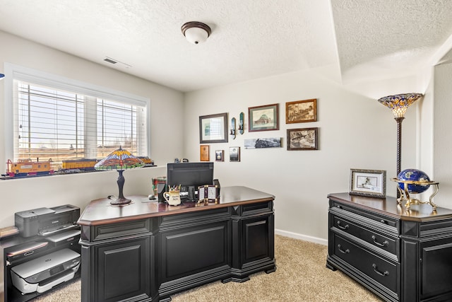 office with visible vents, light colored carpet, a textured ceiling, and baseboards