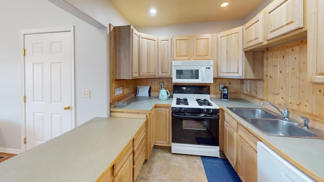 103 Alice Ave Unit B, Hamilton, MT 59840 - kitchen featuring white appliances, light brown cabinets, light countertops, and recessed lighting